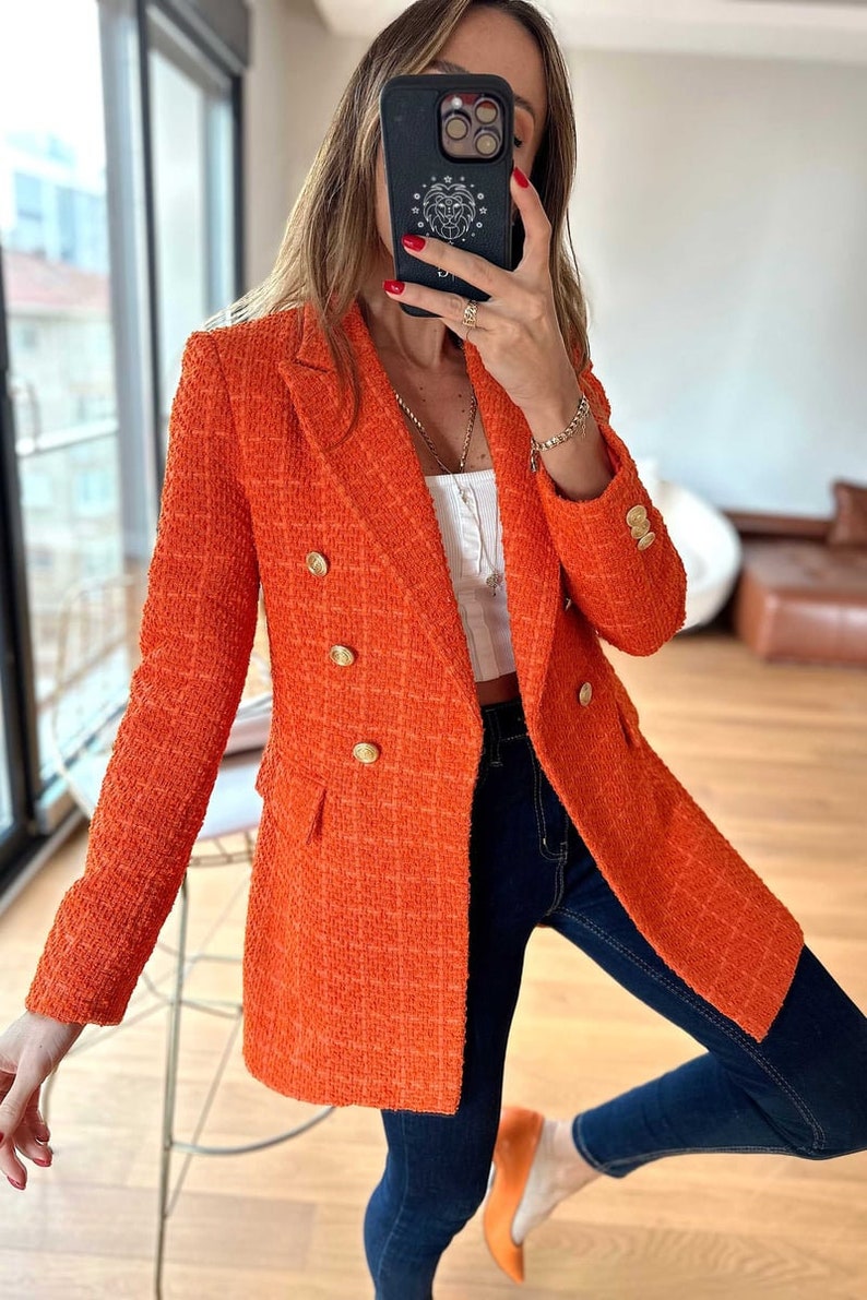 Orange Tweed Blazer Women, Long Tweed Jacket 36, Tweed Jacket Korean, Double Breasted Blazer