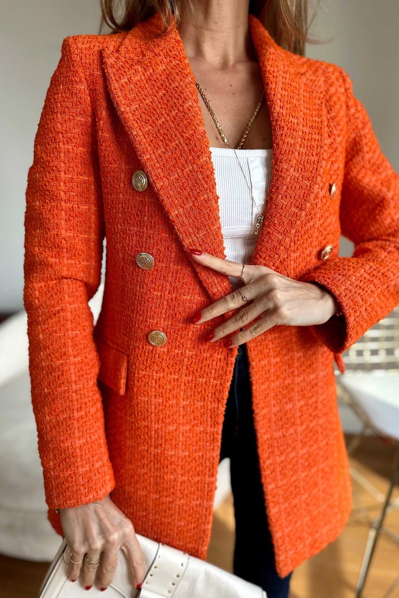 Orange Tweed Blazer Women, Long Tweed Jacket 36, Tweed Jacket Korean, Double Breasted Blazer