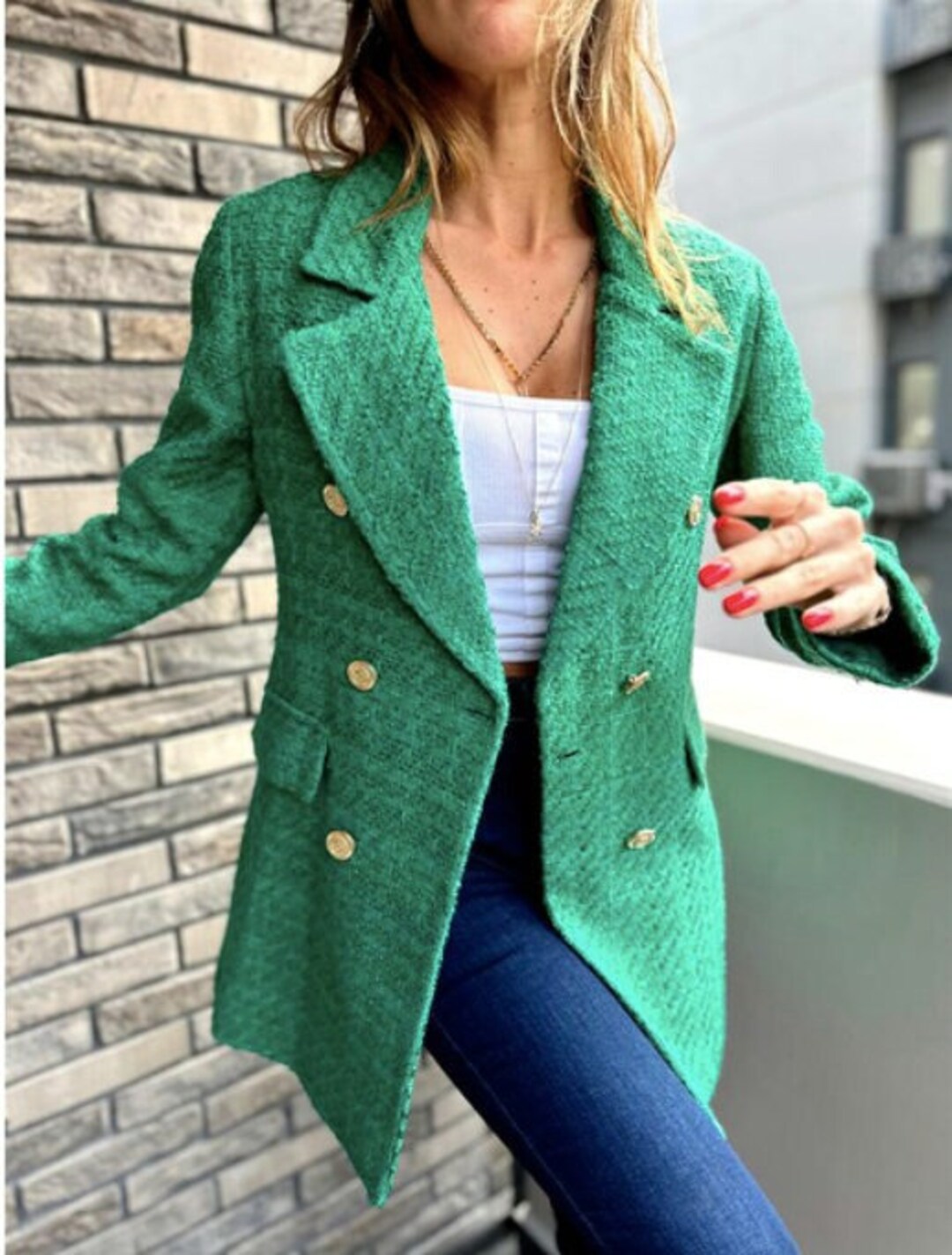 Green Tweed Jacket Women,tweed Blazer Women, Wool Blazer,double Breasted Blazer,boucle Blazer