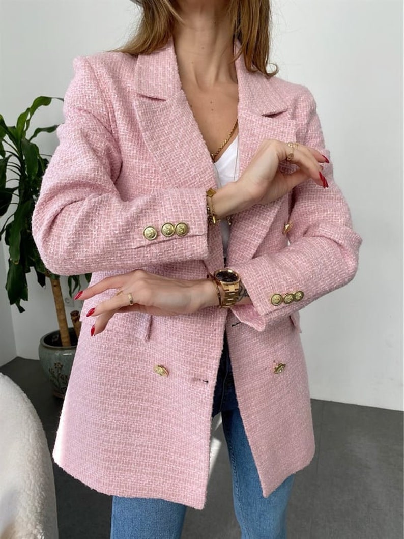 Rosa Tweed Jacke Frauen, Boucle Jacke, Langer Tweed Blazer, Boucle Langer Mantel, Oversized Blazer, Bild 6