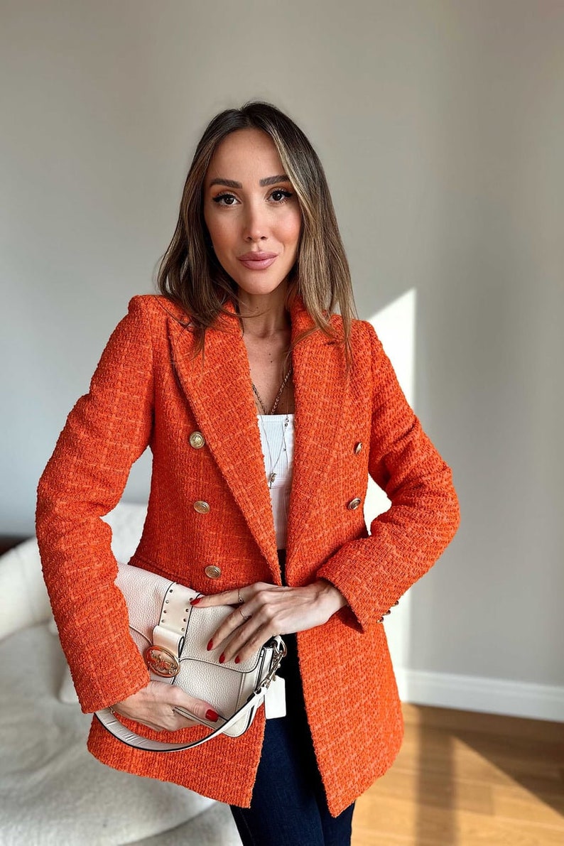 Orange Tweed Blazer Women, Long Tweed Jacket 36, Tweed Jacket Korean, Double Breasted Blazer