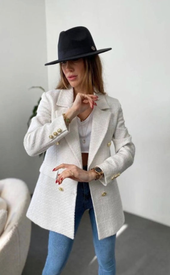 Cream Tweed Blazer Women, White Long Tweed Jacket 36,tweed