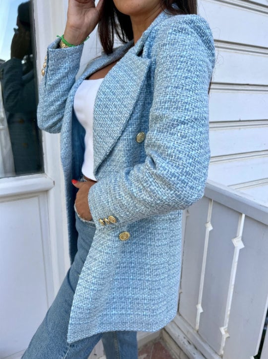 Blue Tweed Jacket Women, Boucle Tweed Blazer, Tweed Jacket