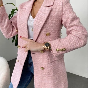 Rosa Tweed Jacke Frauen, Boucle Jacke, Langer Tweed Blazer, Boucle Langer Mantel, Oversized Blazer, Bild 7