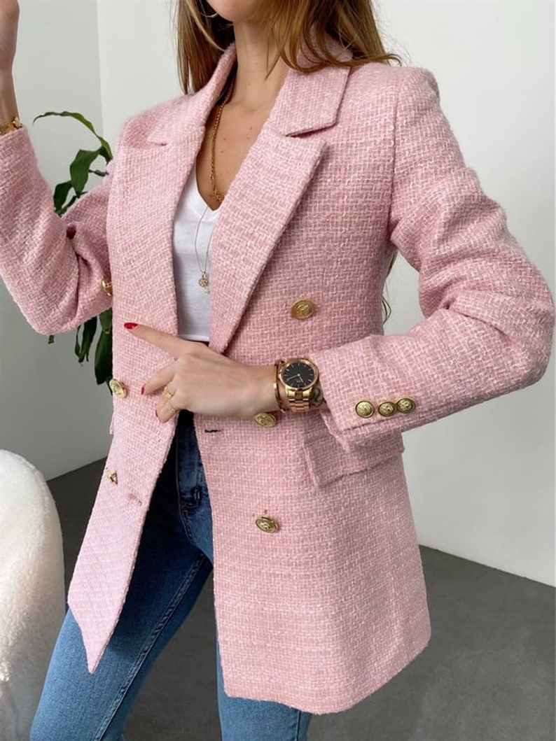 Rosa Tweed Jacke Frauen, Boucle Jacke, Langer Tweed Blazer, Boucle Langer Mantel, Oversized Blazer, Bild 7