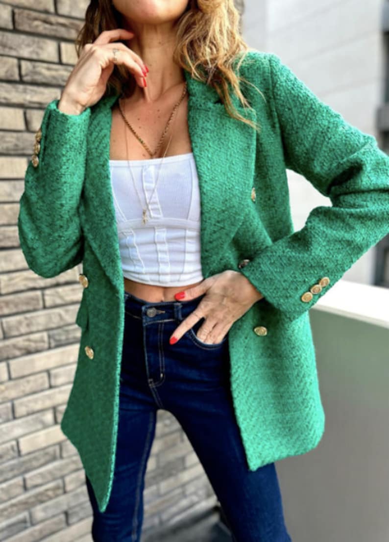 Green Tweed Jacket Women,tweed Blazer Women, Wool Blazer,double