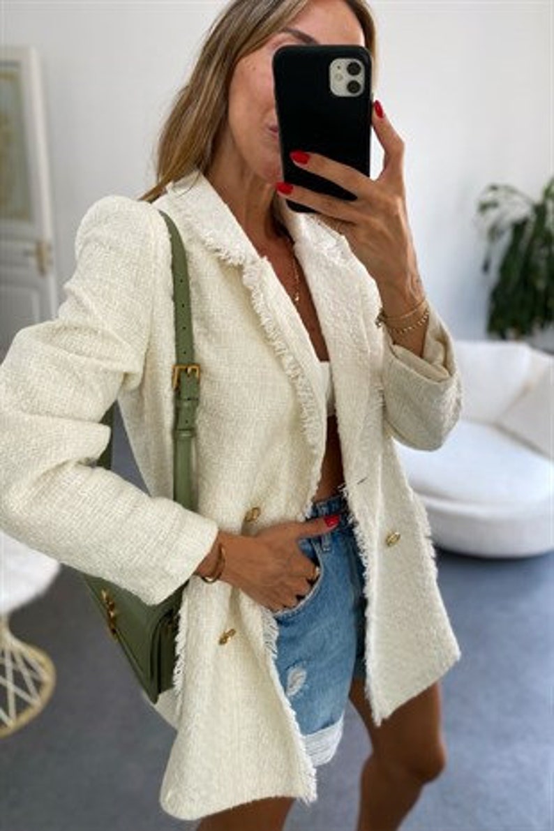 White Tweed Blazer Women, Cream Tweed Jacket 36, Tweed Jacket Korean, Double Breasted Blazer