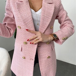 Rosa Tweed Jacke Frauen, Boucle Jacke, Langer Tweed Blazer, Boucle Langer Mantel, Oversized Blazer, Bild 3