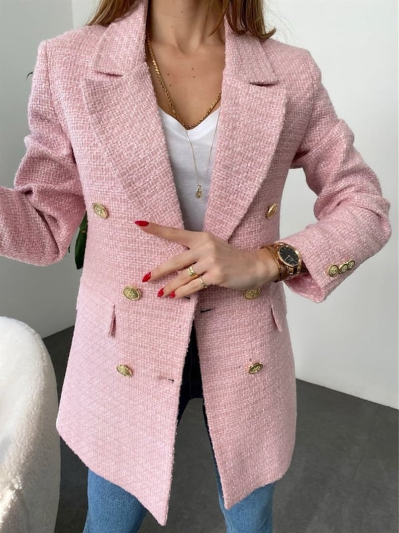 Rosa Tweed Jacke Frauen, Boucle Jacke, Langer Tweed Blazer, Boucle Langer Mantel, Oversized Blazer, Bild 3