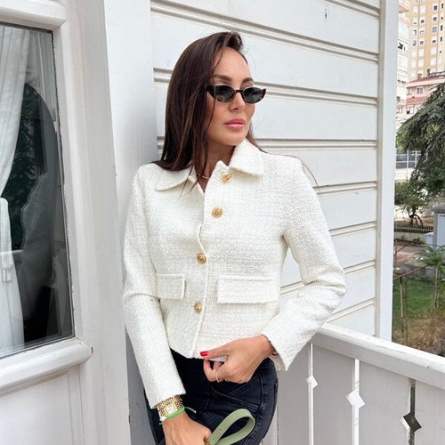 Beige Tweed Jacket Women, White Tweed Blazer Women, Tweed Short
