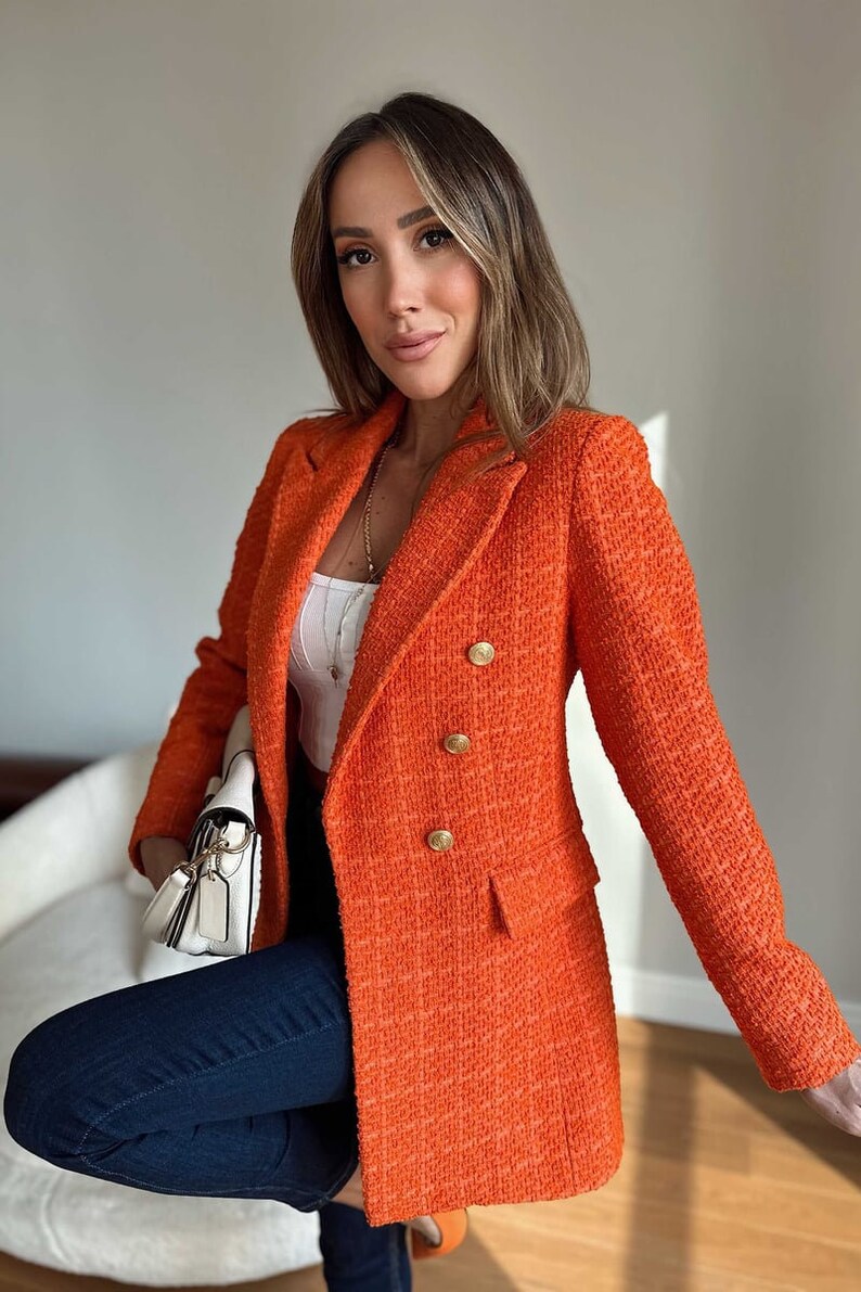 Orange Tweed Blazer Women, Long Tweed Jacket 36, Tweed Jacket Korean, Double Breasted Blazer