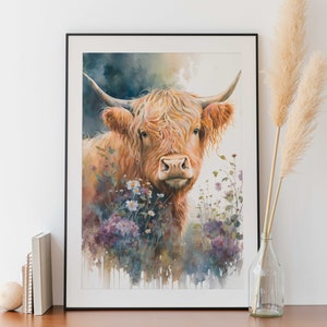 Watercolor Highland Cow Digital Illustration Bundle, Digital Download Highland Cow Clipart, Printable Highland Cow Art