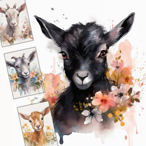 Cute Baby Goats, Spring, Flowers, Clip Art,Baby Goats Printable Art Prints,Spring Baby Goats in Wildflowers,Watercolor
