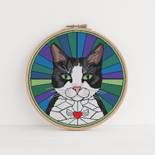 Stained Glass Cats Cross Stitch Pattern, Black and White Cat, two color cat, Pattern Keeper Compatible PDF Download