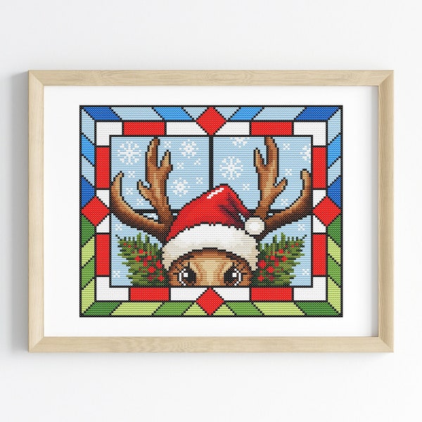 Stained Glass Christmas Cross Stitch Pattern, Rudolph The Peeking Reindeer, Pattern Keeper Compatible PDF Download