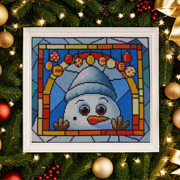 Stained Glass Christmas Cross Stitch Pattern, Snow Man Needlepoint, Pattern Keeper Compatible PDF Download