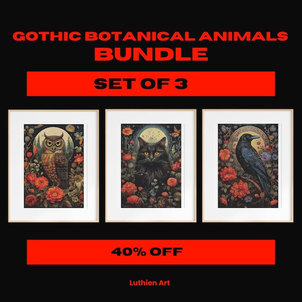 Set of 3 BUNDLE Gothic Botanical Animals Cross Stitch Pattern, Vintage Needlework Chart, Gothic, Raven, Crow, Corvus, Cat, Owl, Floral