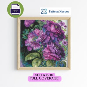 Patrón de punto de cruz de flor morada de acuarela, gráfico de punto de cruz floral, flor morada, punto de cruz de acuarela, punto de cruz moderno