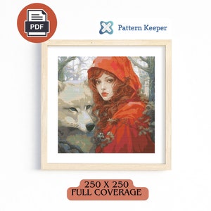 Wolf and The Girl Cross Stitch Pattern, Red Riding Hood, Fantasy Forest Design, Pattern Keeper Compatible PDF