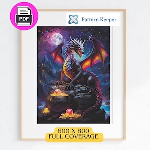 Dragon Treasure Cross Stitch Pattern, Dragon Needlepoint, Fantasy Art Cross Stitch, Dragon Embroidery, Night Dragon, Large Cross Stitch