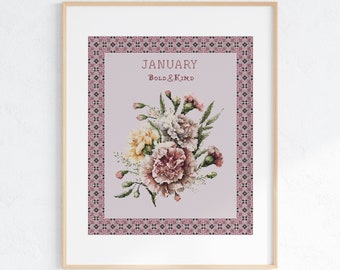 Vintage January Birth Month Flower Cross Stitch Pattern, Carnation X-Stitch Sampler, Pattern Keeper Compatible PDF Download