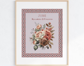 Vintage June Birth Month Flower Cross Stitch Pattern, Rose X-Stitch Sampler, Pattern Keeper Compatible PDF Download