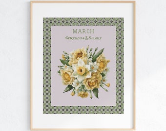 Vintage March Birth Month Flower Cross Stitch Pattern, Daffodil X-Stitch Sampler, Pattern Keeper Compatible PDF Download