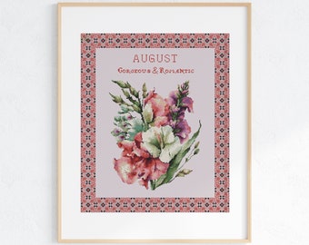 Vintage August Birth Month Flower Cross Stitch Pattern, Gladiolus X-Stitch Sampler, Pattern Keeper Compatible PDF Download