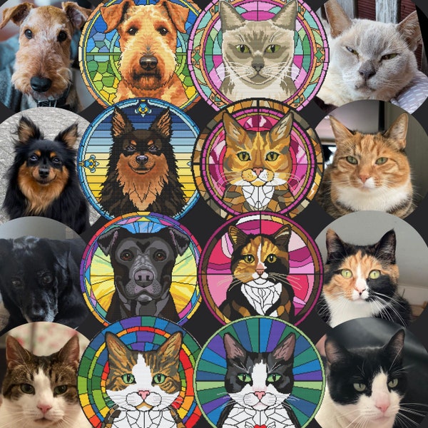 Stained Glass Dogs and Cats Custom Design Cross Stitch Pattern, Pattern Keeper Compatible PDF Download