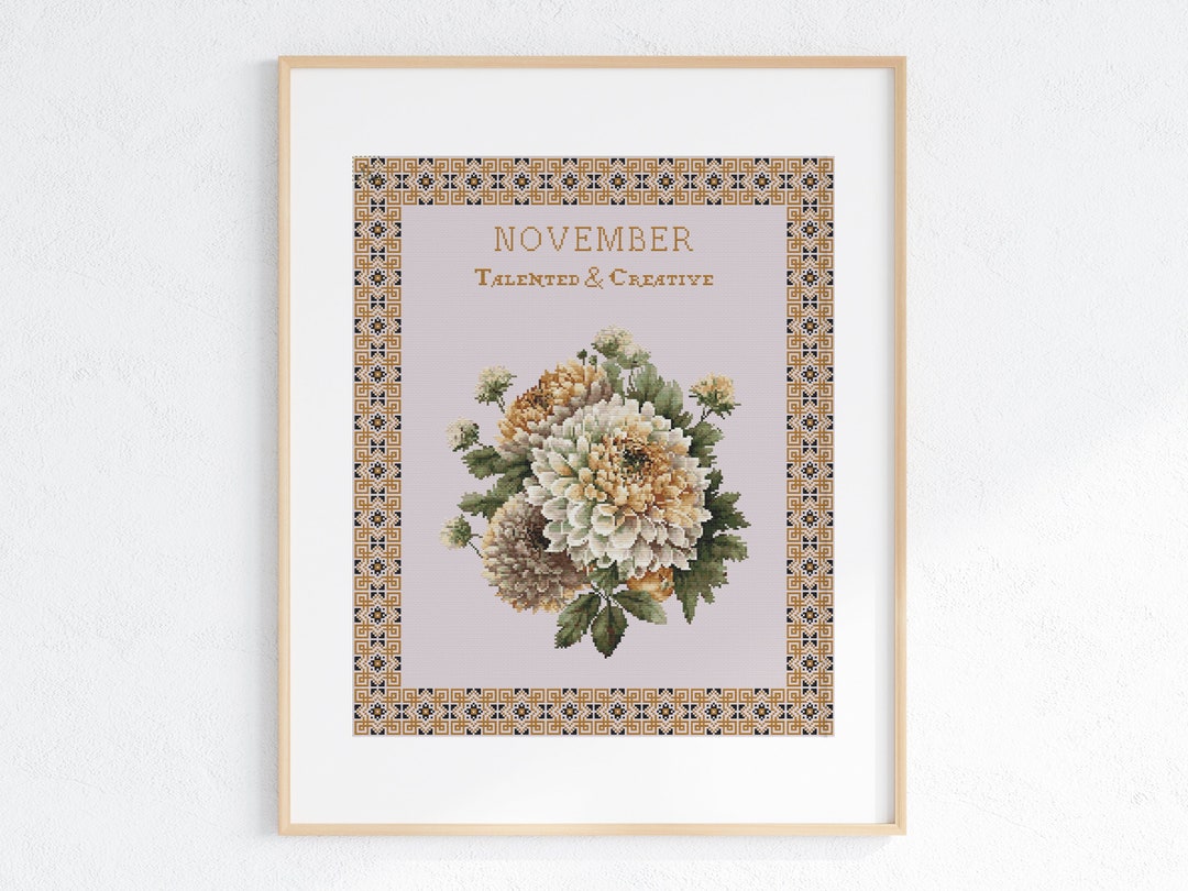 November Print Pattern Vintage November Birth Month Flower Cross Stitch Pattern, Chrysanthemum ...