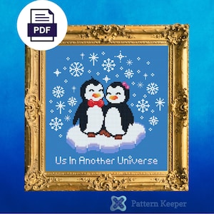 Penguin Cross Stitch Pattern, Penguin Couple Cross Stitch, Penguin Hold Hands Cross Stitch, Us in Another Universe Cross Stitch, Cute Animal
