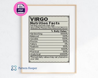 Zodiac Nutrition Facts Cross Stitch Pattern, Astrology Cross Stitch, Horoscope Cross Stitch, Star Sign, Birth Sign, Virgo Cross Stitch