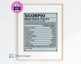 Zodiac Nutrition Facts Cross Stitch Pattern, Astrology Cross Stitch, Horoscope Cross Stitch, Star Sign, Birth Sign, Scorpio Cross Stitch