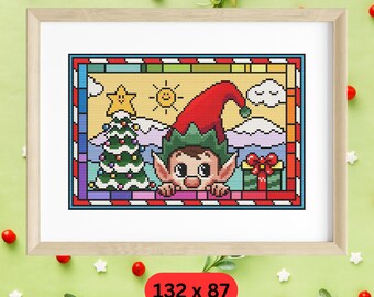 Stained Glass Christmas Cross Stitch Pattern, A Present From An Elf, Pattern Keeper Compatible PDF Download