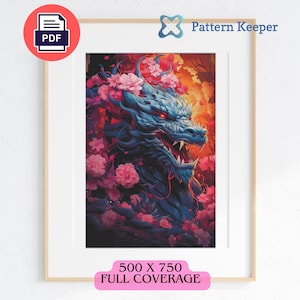 Dragon Cross Stitch Pattern, Dragon and Flowers, Fantasy Art Cross Stitch, Dragon Embroidery, Modern Cross Stitch Chart, Fantasy Dragon