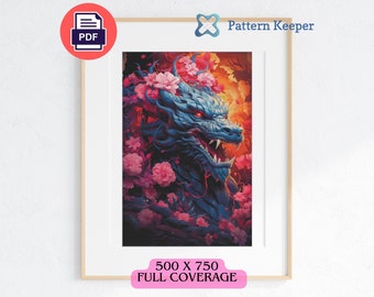 Dragon Cross Stitch Pattern, Dragon and Flowers, Fantasy Art Cross Stitch, Dragon Embroidery, Modern Cross Stitch Chart, Fantasy Dragon