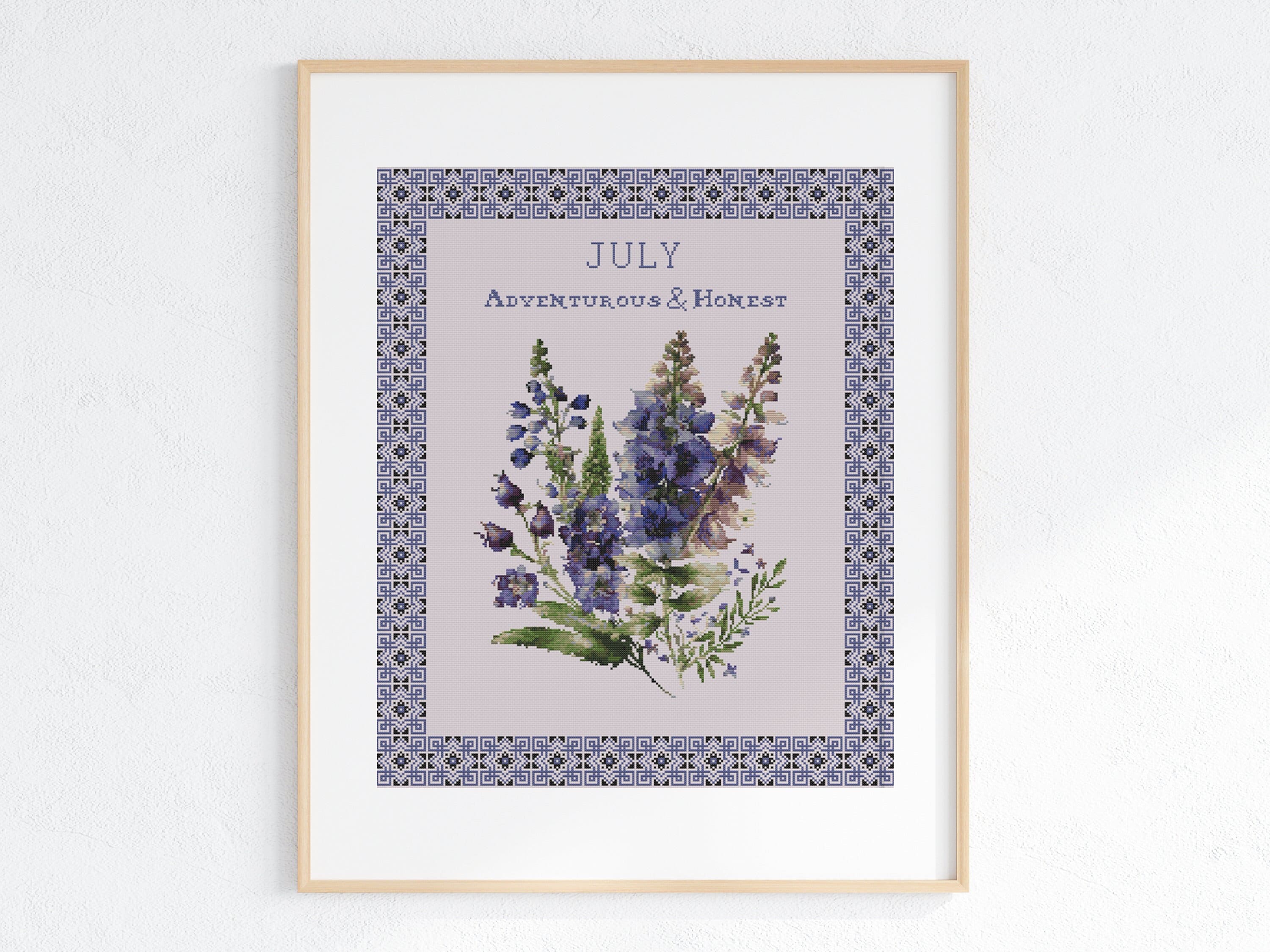 Vintage July Birth Month Flower Cross Stitch Pattern, Larkspur X-Stitch Sampler, Pattern Keeper Compatible PDF Download