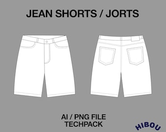 Baggy Jorts Denim Jean Shorts Dessin technique Modèle de maquette Streetwear pour Adobe Illustrator Design Tech Packs