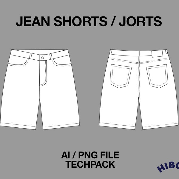 Baggy Jorts Denim Jean Shorts Technical Drawing Streetwear Mock-up Template for Adobe Illustrator Design Tech Packs