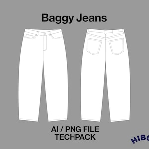 Baggy Denim Jeans Technical Drawing Streetwear Mock-up Template for Adobe Illustrator Design Tech Packs