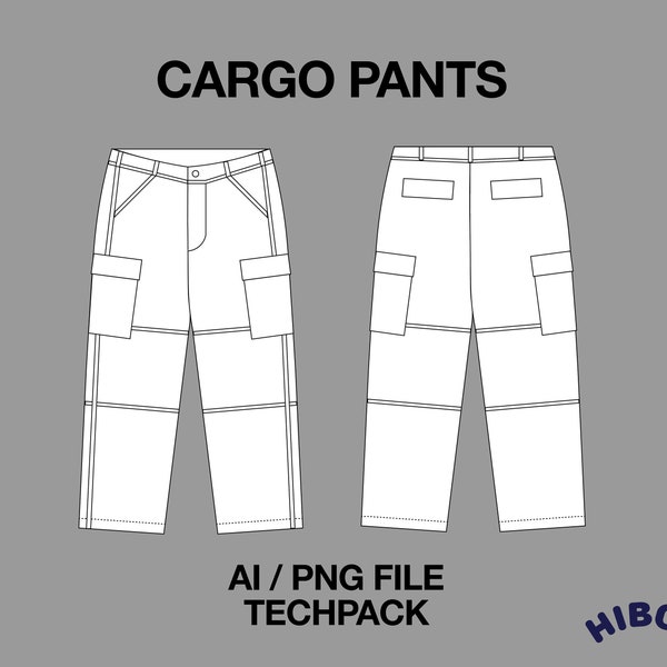 Straight Leg Relaxed Loose Fit Cargo Pants Technical Drawing Streetwear Mock-up Template for Adobe Illustrator Design Tech Packs