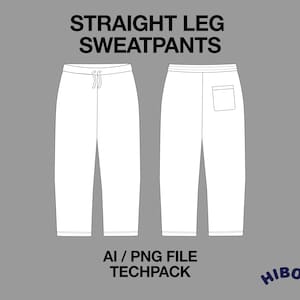 Straight Leg Relaxed Loose Fit Sweatpants Technical Drawing Streetwear Mock-up Template for Adobe Illustrator Design Tech Packs