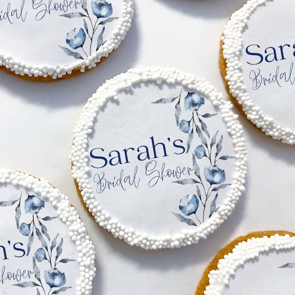 Dusty Blue Floral Personalized Shortbread Cookies | Bridal Shower, Birthday, Baby Shower, Wedding | Gifts, Favors, Desserts
