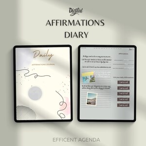 May include: A digital planner with a pink and white background. The planner has a section for daily affirmations and a section for listing daily affirmations. The text "Daily Affirmations Journal" is at the top of the page. The text "Jun 1" is at the top of the right page. The text "List your daily Affirmations" is below the affirmations section. The text "I will be rich" is repeated five times in the list of affirmations.
