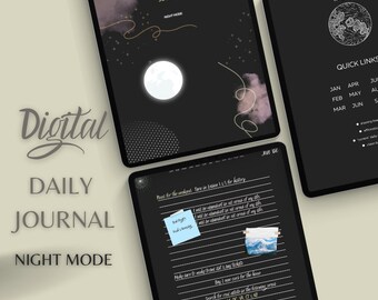 Può includere: Un diario digitale giornaliero in modalità notturna con sfondo nero e stelle dorate. Il diario ha una sezione per "Piani per il fine settimana" e una sezione per "Assicurati di creare l'elenco di viaggio e i biglietti giornalieri".