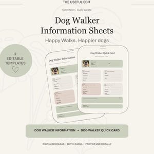 Könnte beinhalten: Zwei digitale Vorlagen für Informationen und Kurzkarten für Hundeausführer. Die Dokumente enthalten salbeigrüne und zartrosa Akzente mit Texten wie Dog Walker Information, Dog Walker Quick Card sowie Happy Walks. Happier dogs.