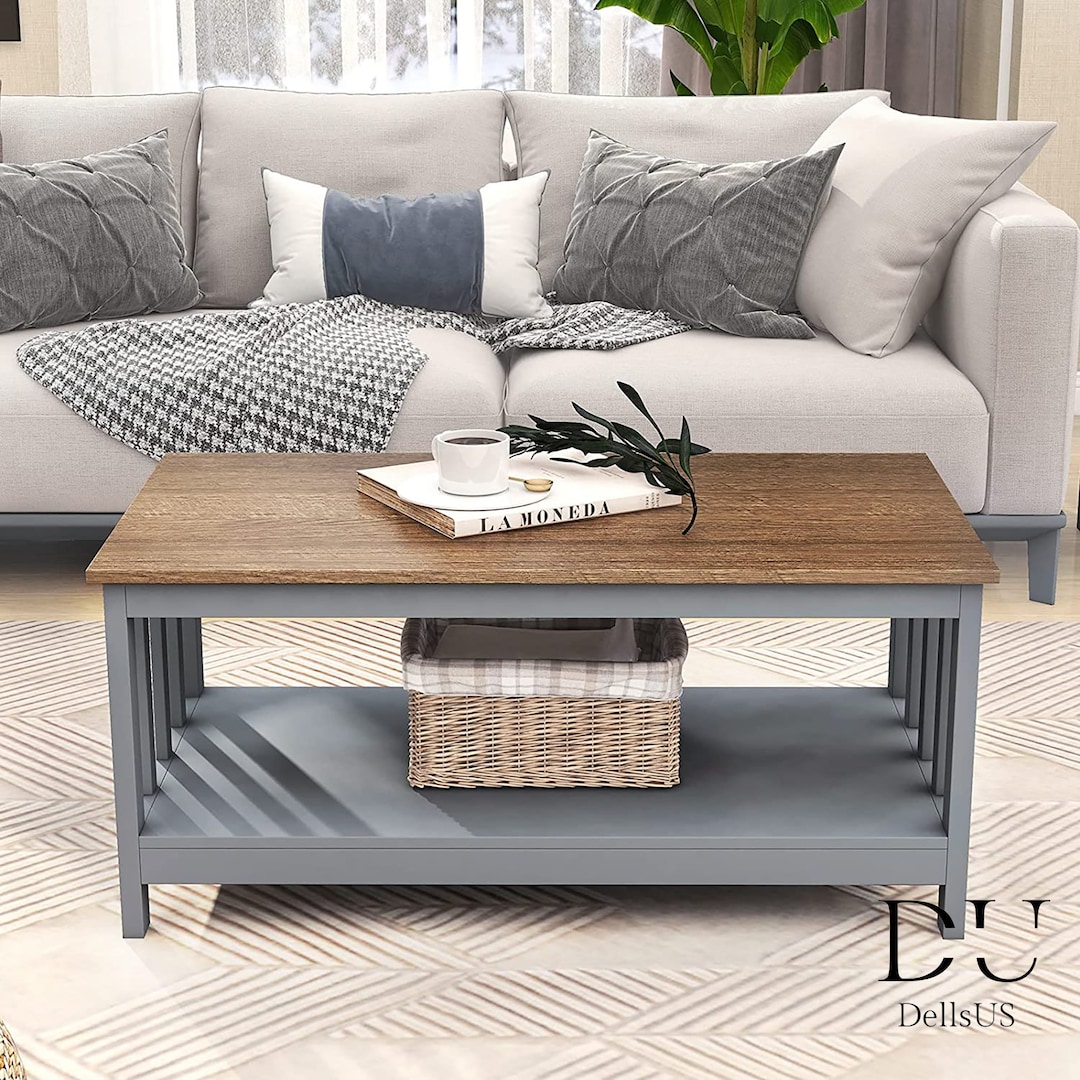 Rustic Gray Coffee Table With Bottom Shelf 40 Inches Etsy