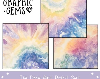 Pacote de arte de parede digital Tie Dye - Decoração estética de dopamina para casa - Arte de parede em aquarela JPG - Decoração de sala de jogos e escritório - Arte Groovy para impressão