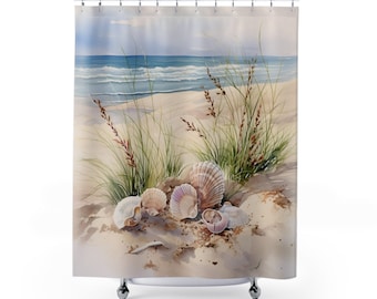 Subtle Beach Shells Shower Curtain Seaside print bathroom tub curtain powder room ocean home decor Beach house Boho design pink blue green