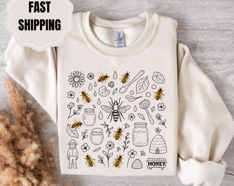 Camiseta botánica vintage de abejas: diseño de panal